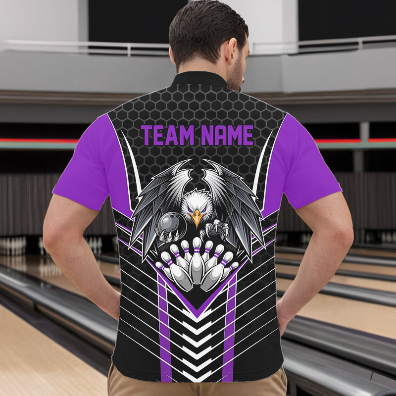 Maßgeschneiderte schwarze und violette Adler-Bowling-Trikots, Bowling-Team-Herren-Quarter-Zip-Shirts, Bowler-Outfits IPHW8749