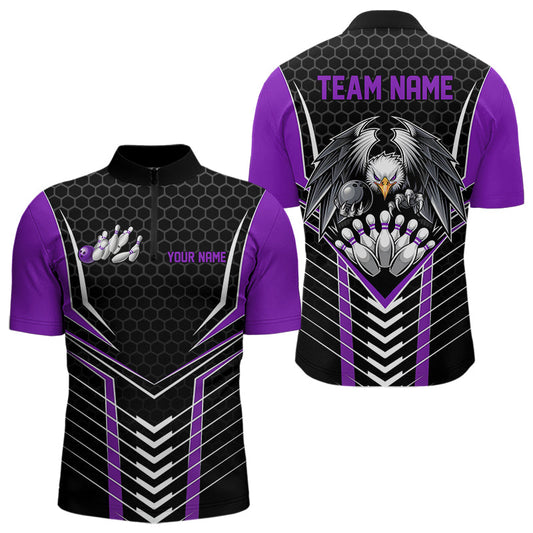 Maßgeschneiderte schwarze und violette Adler-Bowling-Trikots, Bowling-Team-Herren-Quarter-Zip-Shirts, Bowler-Outfits IPHW8749