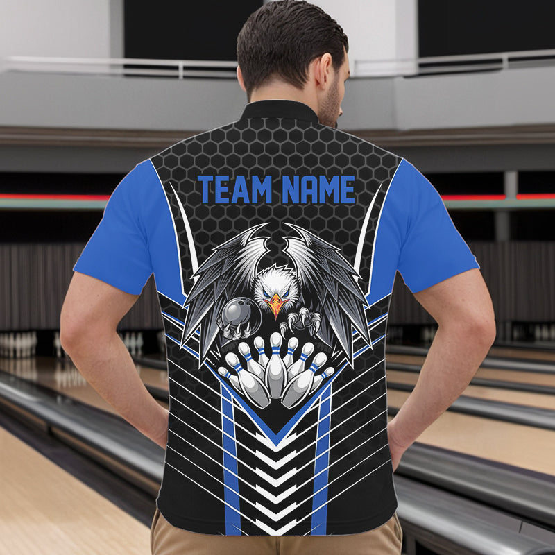 Maßgeschneiderte schwarze und blaue Adler-Bowling-Trikots, Bowling-Team-Herren-Quarter-Zip-Shirts, Bowler-Outfits IPHW8750
