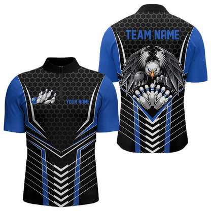 Maßgeschneiderte schwarze und blaue Adler-Bowling-Trikots, Bowling-Team-Herren-Quarter-Zip-Shirts, Bowler-Outfits IPHW8750