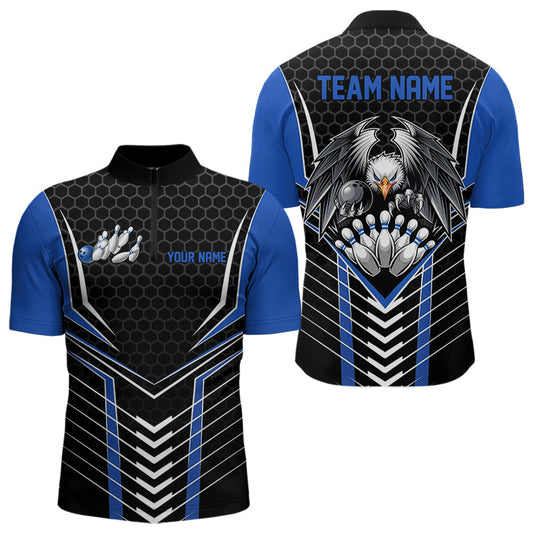 Maßgeschneiderte schwarze und blaue Adler-Bowling-Trikots, Bowling-Team-Herren-Quarter-Zip-Shirts, Bowler-Outfits IPHW8750