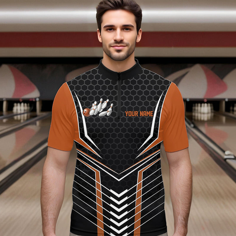 Maßgeschneiderte schwarze und orange Adler-Bowling-Trikots, Bowling-Team-Herren-Quarter-Zip-Shirts, Bowler-Outfits IPHW8751