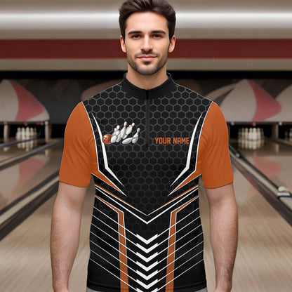 Maßgeschneiderte schwarze und orange Adler-Bowling-Trikots, Bowling-Team-Herren-Quarter-Zip-Shirts, Bowler-Outfits IPHW8751