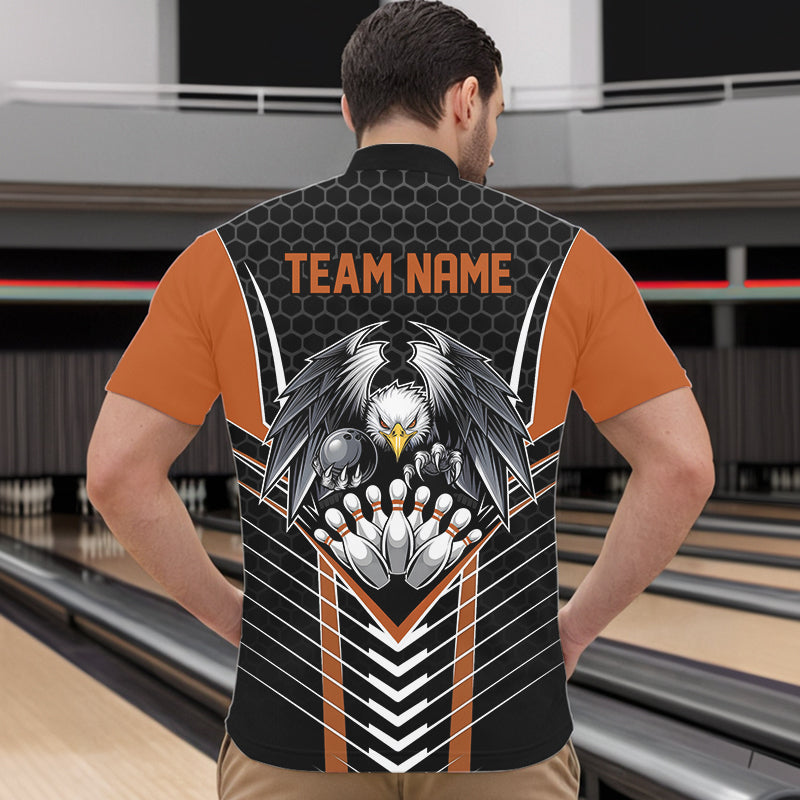 Maßgeschneiderte schwarze und orange Adler-Bowling-Trikots, Bowling-Team-Herren-Quarter-Zip-Shirts, Bowler-Outfits IPHW8751