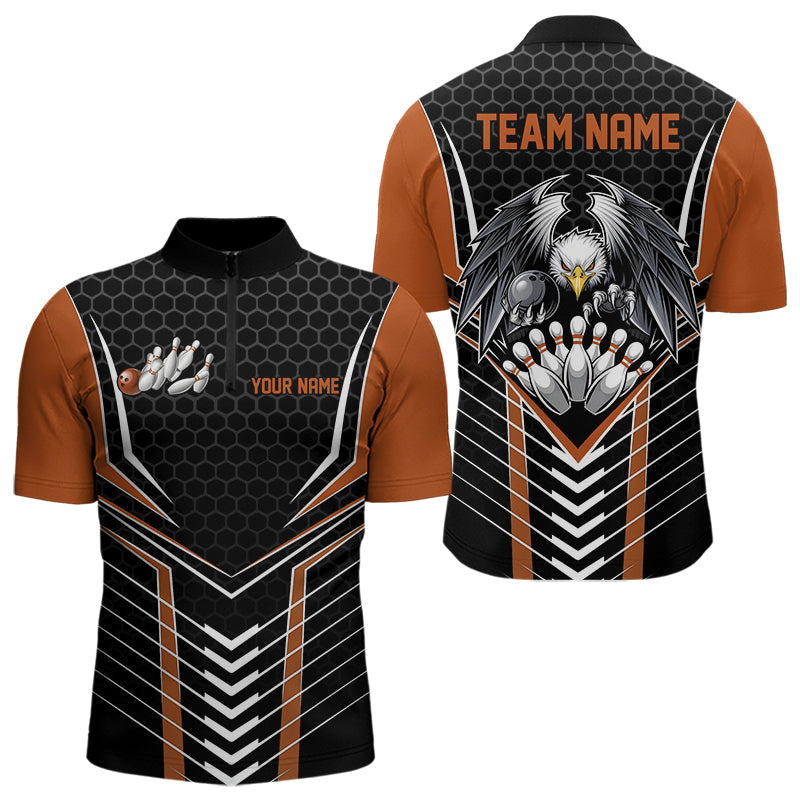 Maßgeschneiderte schwarze und orange Adler-Bowling-Trikots, Bowling-Team-Herren-Quarter-Zip-Shirts, Bowler-Outfits IPHW8751