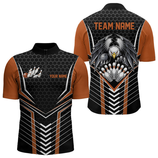 Maßgeschneiderte schwarze und orange Adler-Bowling-Trikots, Bowling-Team-Herren-Quarter-Zip-Shirts, Bowler-Outfits IPHW8751