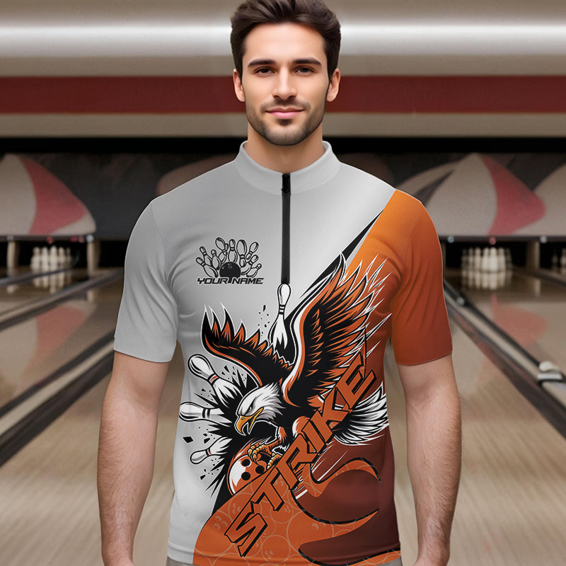 Maßgeschneiderte Orange Adler Bowling-Team Herren Viertelreißverschluss-Shirts, Adler Bowling-Liga-Shirt, Bowlers-Outfit IPHW8754