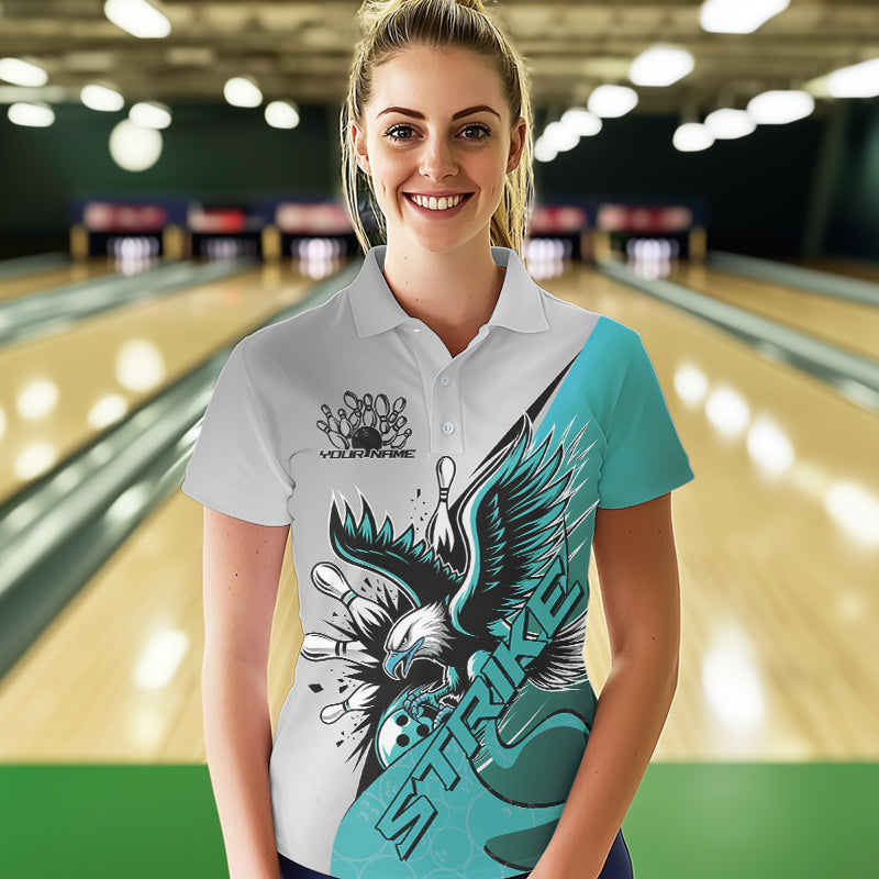 Maßgeschneiderte Blaue Adler-Bowling-Team Damen-Poloshirts, Adler-Bowling Liga-Shirt Bowlers Outfit IPHW8755