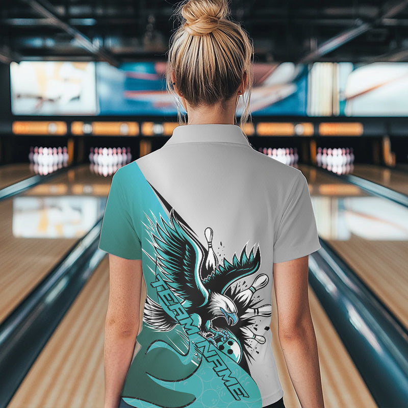 Maßgeschneiderte Blaue Adler-Bowling-Team Damen-Poloshirts, Adler-Bowling Liga-Shirt Bowlers Outfit IPHW8755