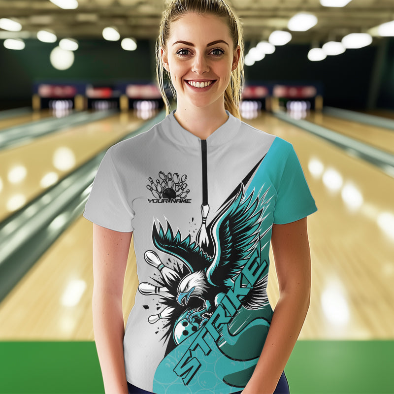Maßgeschneidertes blaues Adler-Bowling-Team Damen-Quarter-Zip-Shirt, Bowling-Team-Shirt Bowlers-Outfit IPHW8755