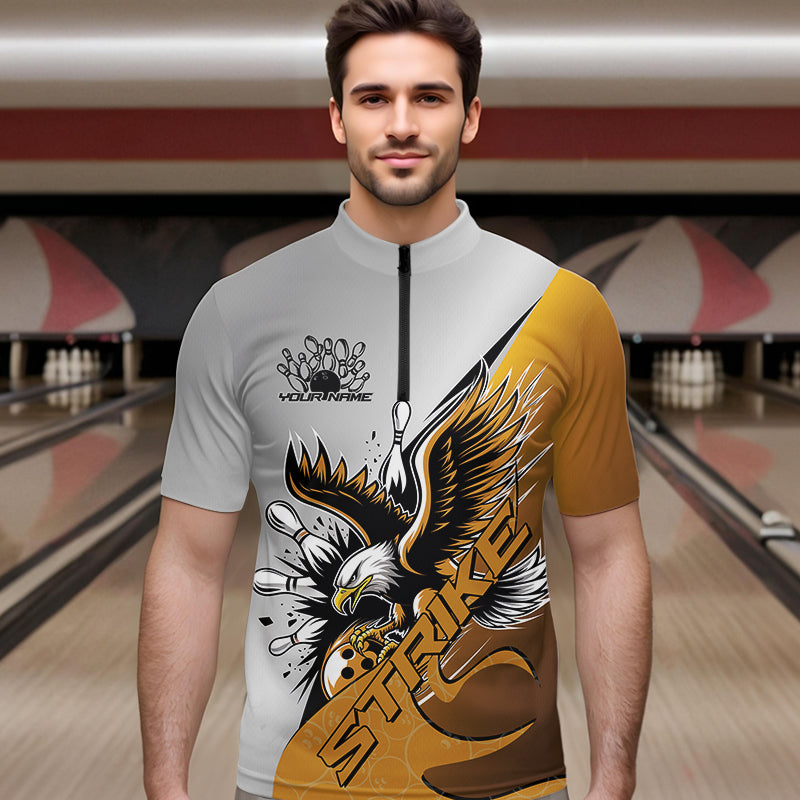 Kundenspezifische Gelbe Adler Bowling Team Herren-Quarter-Zip-Shirts, Adler Bowling Liga Shirt Bowlers Outfit IPHW8757