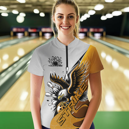 Kundenspezifische Gelbe Adler Bowling Team Damen-Quarter-Zip-Shirt, Bowling Team Shirt Bowlers Outfit IPHW8757