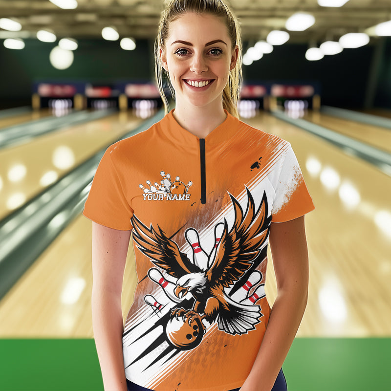 Individuelle Orange Bowling-Trikots, Adler Bowling Damen-Quarter-Zip-Shirts Team-Bowlers-Uniform IPHW8787