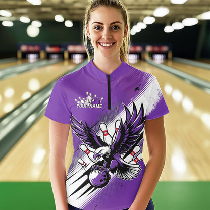 Individuelle Lila Bowling-Trikots, Adler Bowling Damen-Quarter-Zip-Shirts Team-Bowlers-Uniform IPHW8788