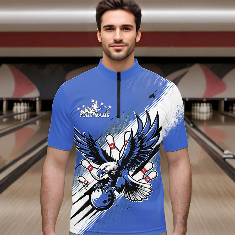 Individuelle Blaue Adler Bowling-Trikots, Adler Bowling Herren-Quarter-Zip-Shirts Team-Uniform Bowlers Outfit IPHW8789
