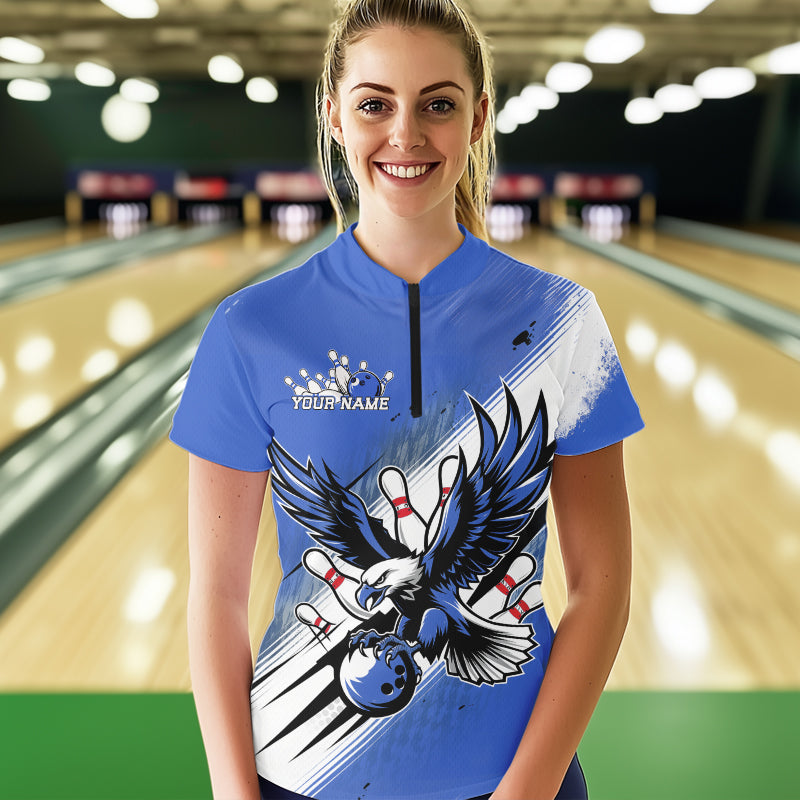 Individuelle Blaue Bowling-Trikots, Adler Bowling Damen-Quarter-Zip-Shirts Team-Bowlers-Uniform IPHW8789