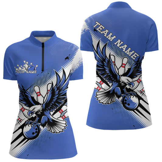 Individuelle Blaue Bowling-Trikots, Adler Bowling Damen-Quarter-Zip-Shirts Team-Bowlers-Uniform IPHW8789