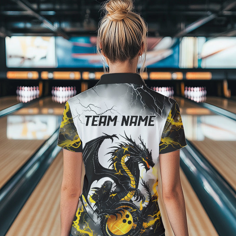 Schwarzgoldene „Donner Blitz“ individuelle Drachen-Bowlinghemden für Damen, Bowlingligahemden IPHW7061
