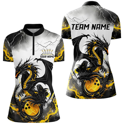 Schwarzgoldene „Donner Blitz“ individuelle Drachen-Bowlinghemden für Damen, Bowlingligahemden IPHW7061