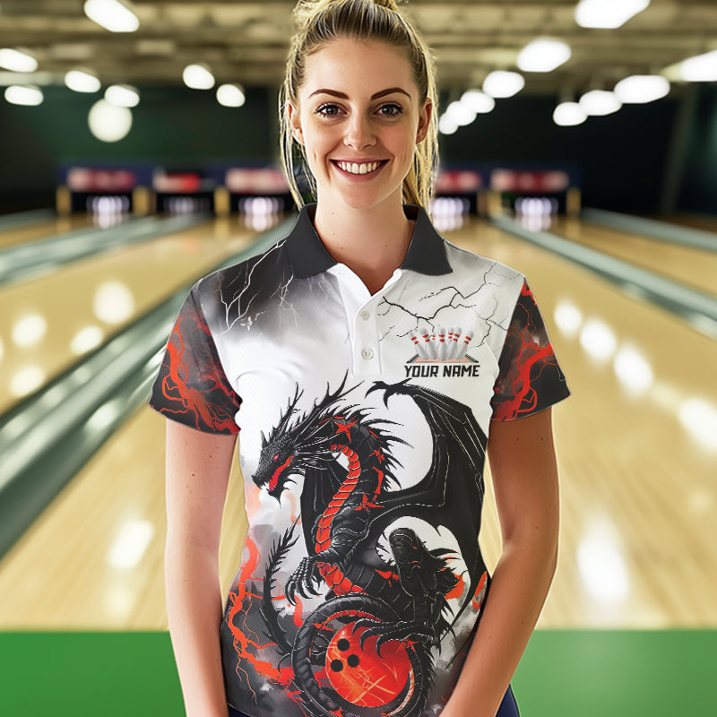 Schwarzrote „Donner Blitz“ individuelle Drachen-Bowlinghemden für Damen, Bowlingligahemden IPHW7063