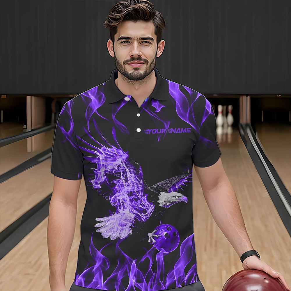 Individuelle Schwarz-Lila Flammen-Adler Bowling-Team Herren-Poloshirts, Adler Bowling Liga Shirt IPHW8790