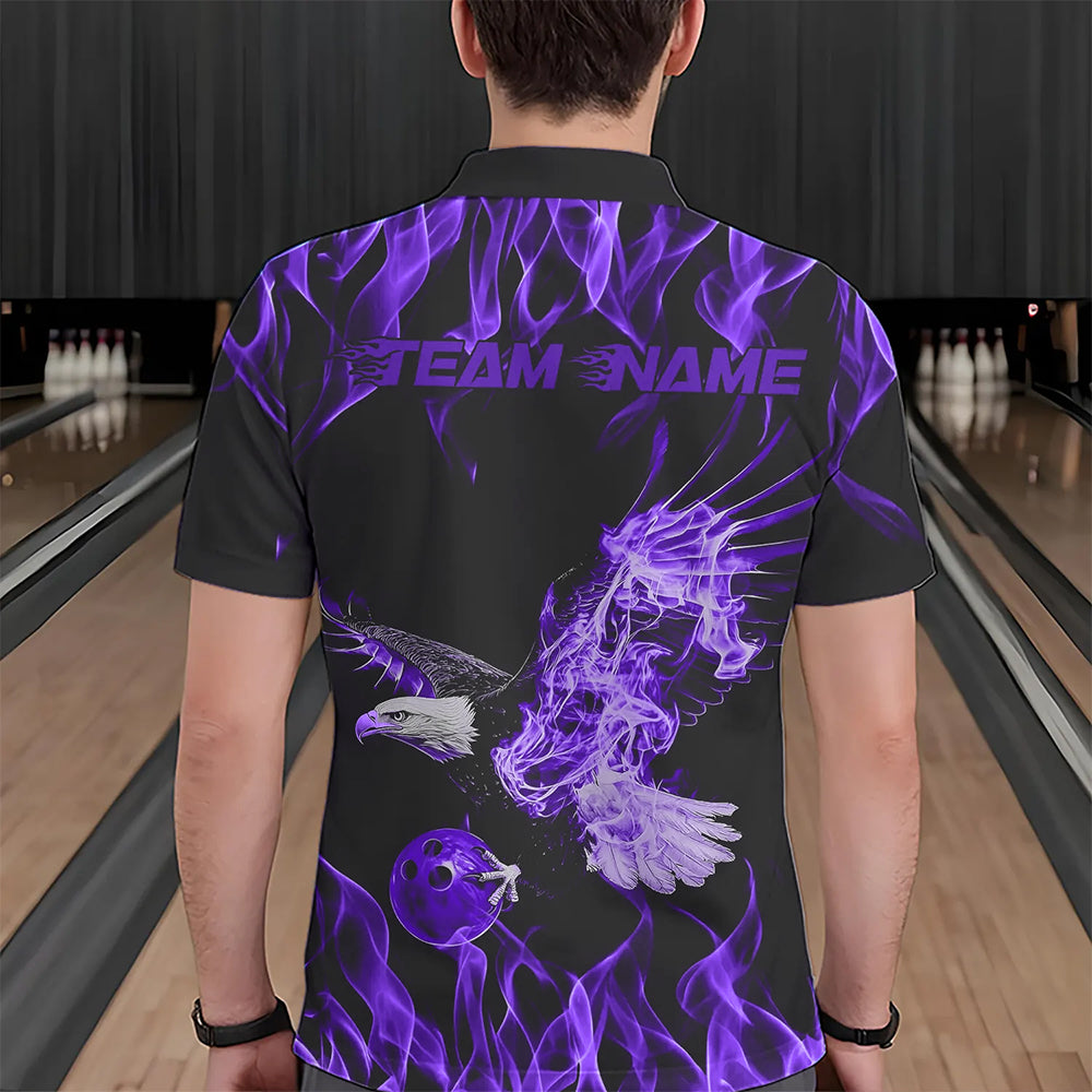 Individuelle Schwarz-Lila Flammen-Adler Bowling-Team Herren-Poloshirts, Adler Bowling Liga Shirt IPHW8790