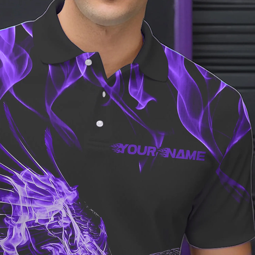 Individuelle Schwarz-Lila Flammen-Adler Bowling-Team Herren-Poloshirts, Adler Bowling Liga Shirt IPHW8790