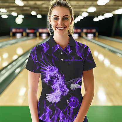 Individuelle Schwarz-Lila Flammen-Adler Bowling-Team Damen-Poloshirts, Bowling Liga Shirt IPHW8790