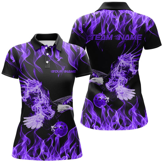 Individuelle Schwarz-Lila Flammen-Adler Bowling-Team Damen-Poloshirts, Bowling Liga Shirt IPHW8790