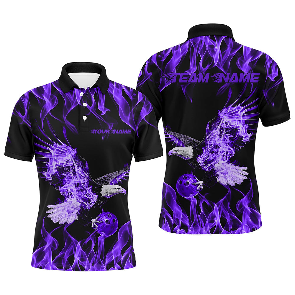 Individuelle Schwarz-Lila Flammen-Adler Bowling-Team Herren-Poloshirts, Adler Bowling Liga Shirt IPHW8790