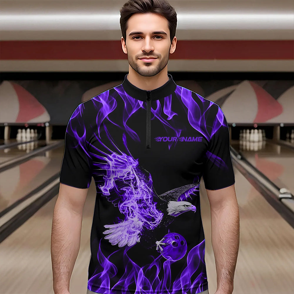 Individuelle Schwarz-Lila Flammen-Adler Bowling-Team Herren-Quarter-Zip-Shirts, Adler Bowling Liga Shirt IPHW8790