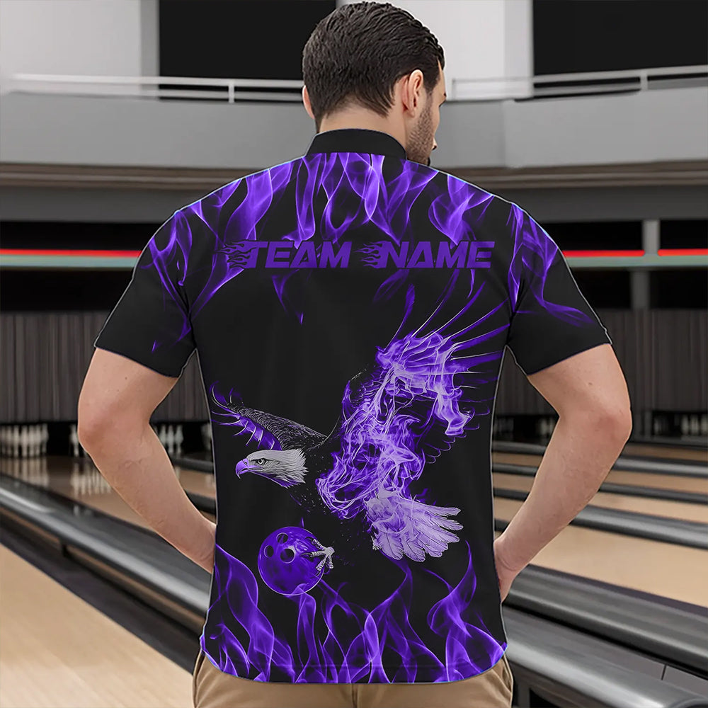 Individuelle Schwarz-Lila Flammen-Adler Bowling-Team Herren-Quarter-Zip-Shirts, Adler Bowling Liga Shirt IPHW8790