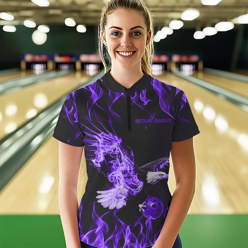 Individuelle Schwarz-Lila Flammen-Adler Bowling-Team Damen-Quarter-Zip-Shirts, Bowling Liga Shirt IPHW8790