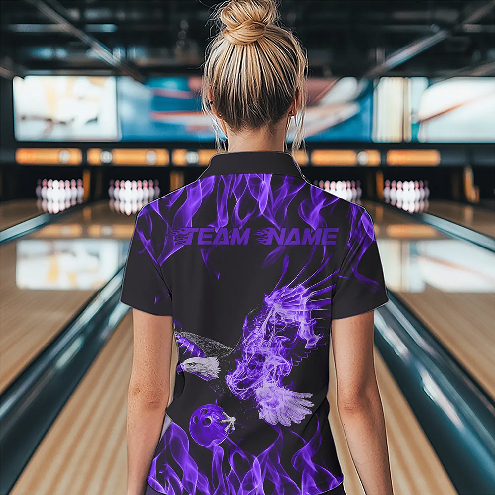 Individuelle Schwarz-Lila Flammen-Adler Bowling-Team Damen-Quarter-Zip-Shirts, Bowling Liga Shirt IPHW8790