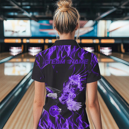 Individuelle Schwarz-Lila Flammen-Adler Bowling-Team Damen-Quarter-Zip-Shirts, Bowling Liga Shirt IPHW8790