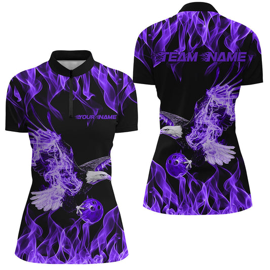 Individuelle Schwarz-Lila Flammen-Adler Bowling-Team Damen-Quarter-Zip-Shirts, Bowling Liga Shirt IPHW8790