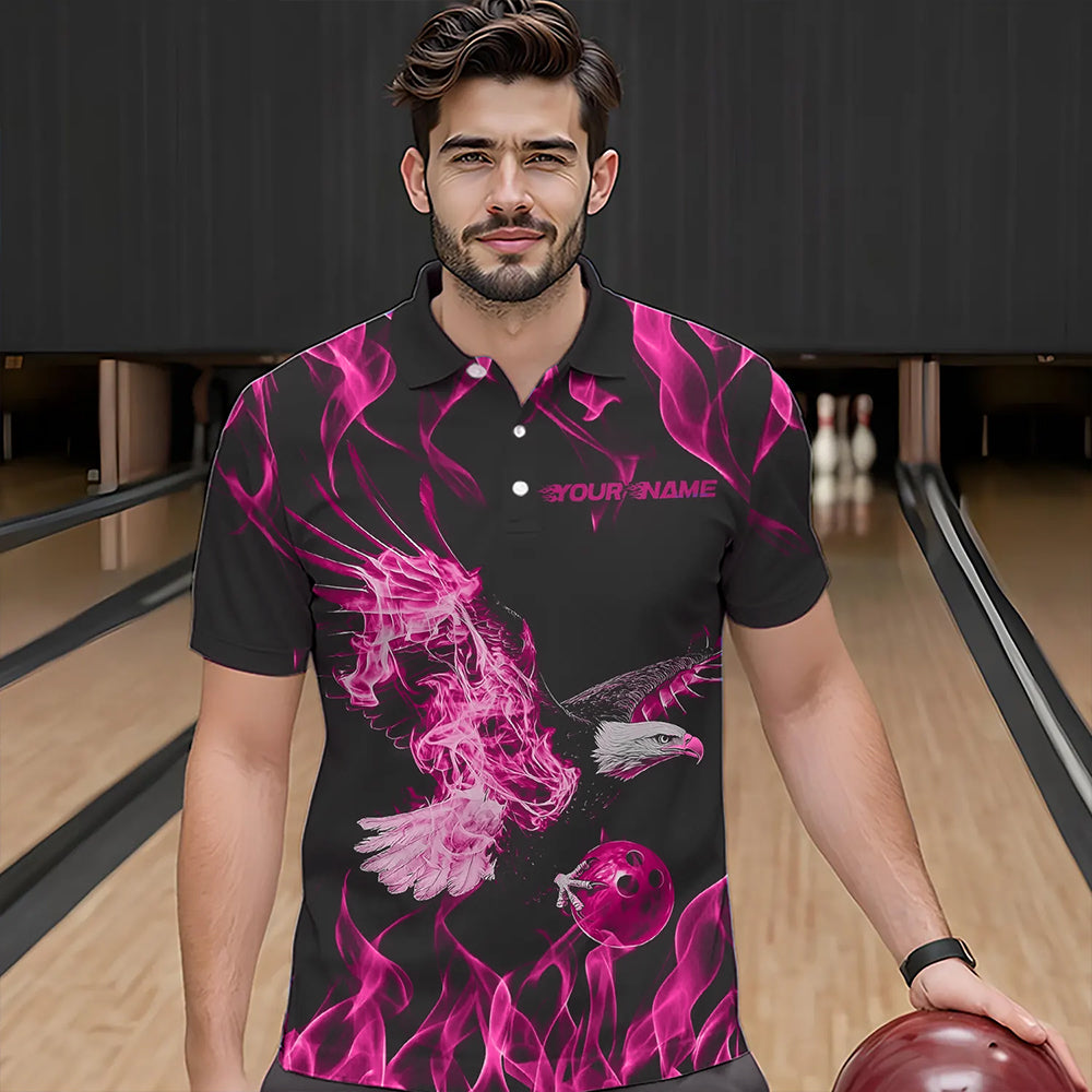 Individuelle Schwarz-Rosa Flammen-Adler Bowling-Team Herren-Poloshirts, Adler Bowling Liga Shirt IPHW8791