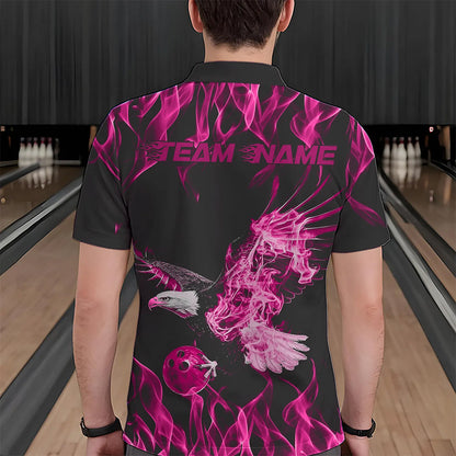 Individuelle Schwarz-Rosa Flammen-Adler Bowling-Team Herren-Poloshirts, Adler Bowling Liga Shirt IPHW8791