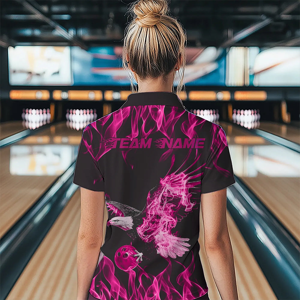 Individuelle Schwarz-Rosa Flammen-Adler Bowling-Team Damen-Poloshirt, Adler Bowling Liga Shirt IPHW8791