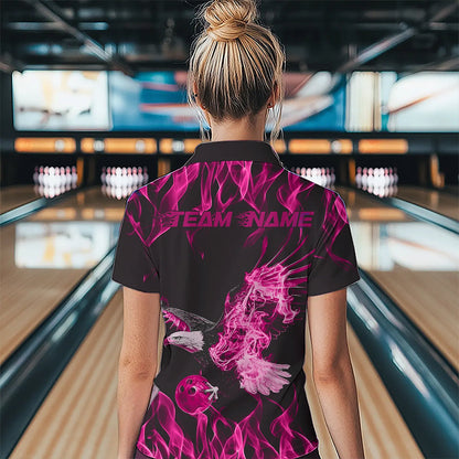 Individuelle Schwarz-Rosa Flammen-Adler Bowling-Team Damen-Poloshirt, Adler Bowling Liga Shirt IPHW8791