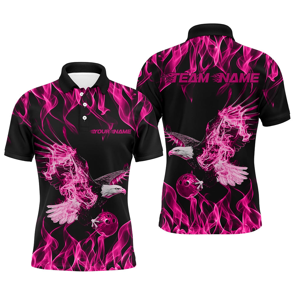 Individuelle Schwarz-Rosa Flammen-Adler Bowling-Team Herren-Poloshirts, Adler Bowling Liga Shirt IPHW8791