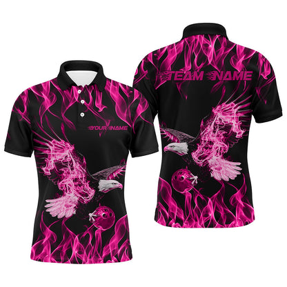 Individuelle Schwarz-Rosa Flammen-Adler Bowling-Team Herren-Poloshirts, Adler Bowling Liga Shirt IPHW8791