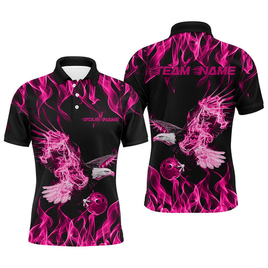Individuelle Schwarz-Rosa Flammen-Adler Bowling-Team Herren-Poloshirts, Adler Bowling Liga Shirt IPHW8791