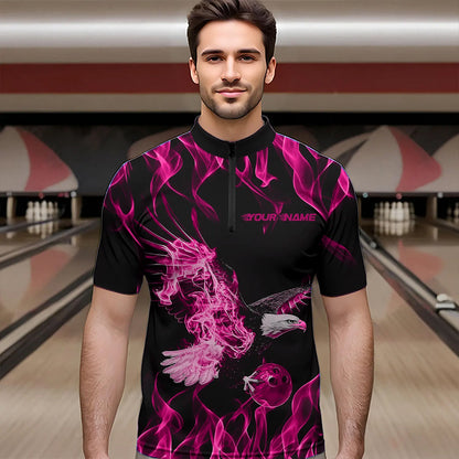 Individuelle Schwarz-Rosa Flammen-Adler Bowling-Team Herren-Quarter-Zip-Shirts, Adler Bowling Liga Shirt IPHW8791