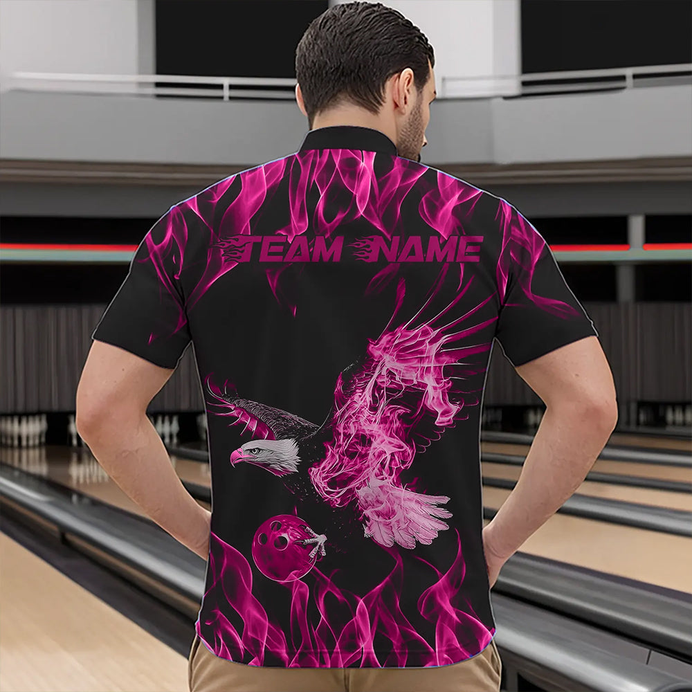 Individuelle Schwarz-Rosa Flammen-Adler Bowling-Team Herren-Quarter-Zip-Shirts, Adler Bowling Liga Shirt IPHW8791
