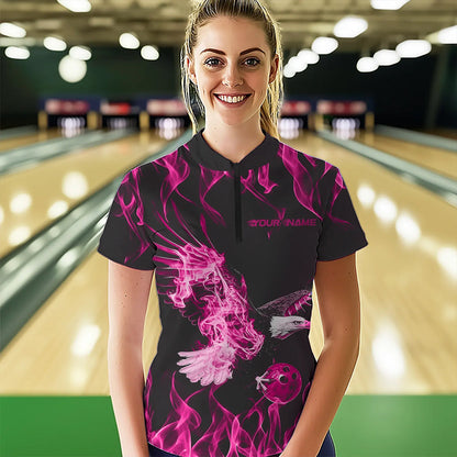 Individuelle Schwarz-Rosa Flammen-Adler Bowling-Team Damen-Quarter-Zip-Shirts, Bowling Liga Shirt IPHW8791