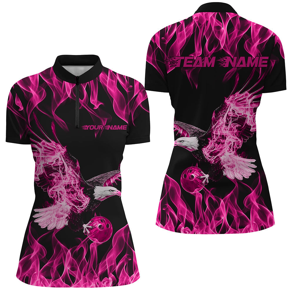Individuelle Schwarz-Rosa Flammen-Adler Bowling-Team Damen-Quarter-Zip-Shirts, Bowling Liga Shirt IPHW8791