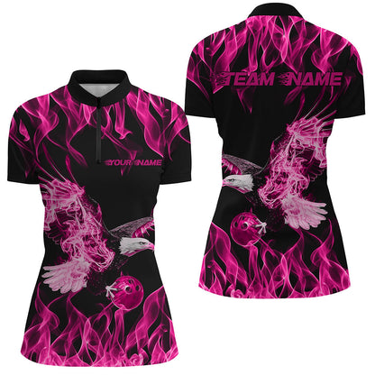 Individuelle Schwarz-Rosa Flammen-Adler Bowling-Team Damen-Quarter-Zip-Shirts, Bowling Liga Shirt IPHW8791
