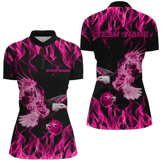 Individuelle Schwarz-Rosa Flammen-Adler Bowling-Team Damen-Quarter-Zip-Shirts, Bowling Liga Shirt IPHW8791