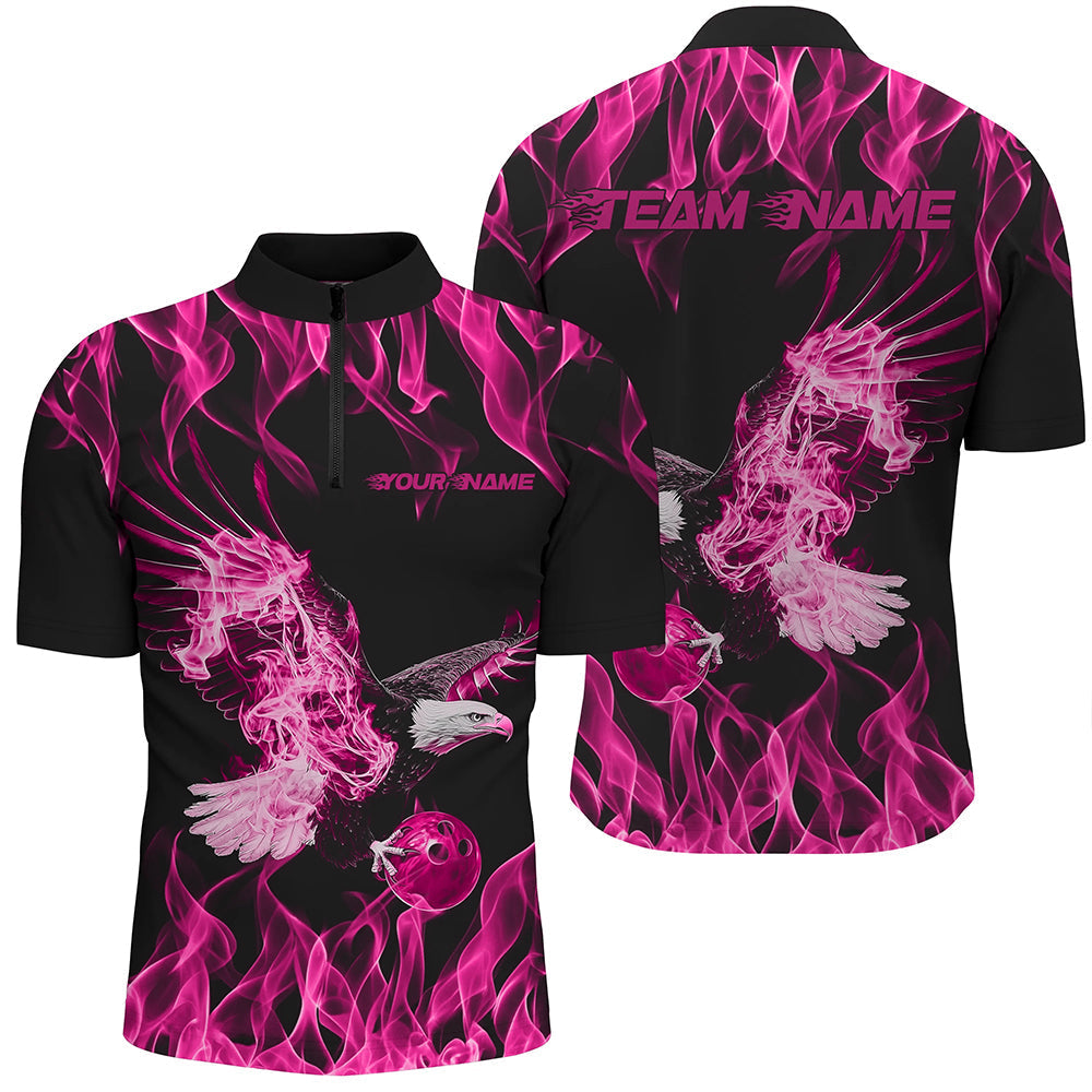Individuelle Schwarz-Rosa Flammen-Adler Bowling-Team Herren-Quarter-Zip-Shirts, Adler Bowling Liga Shirt IPHW8791